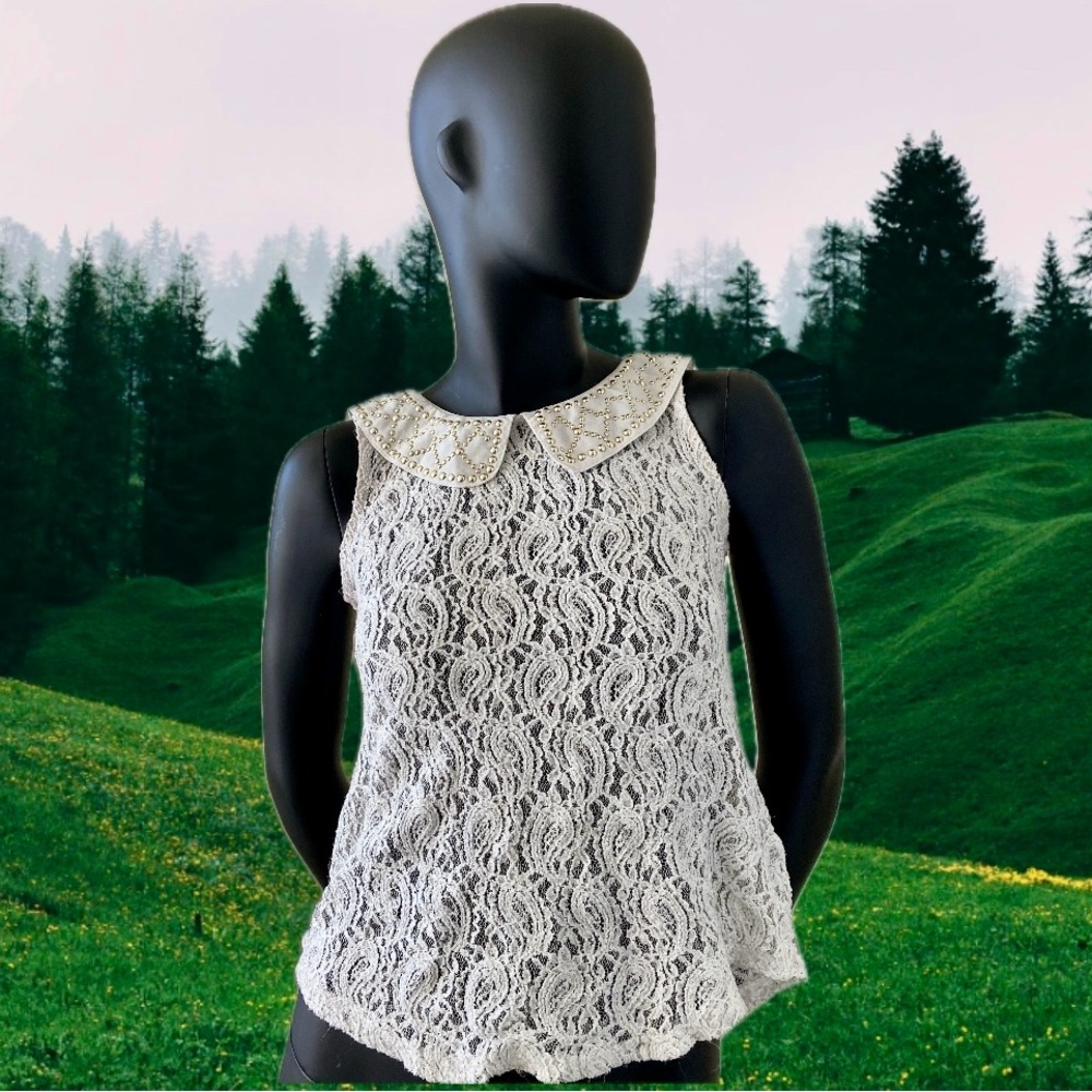 Vintage Lace Top with Gold-Studded Collar